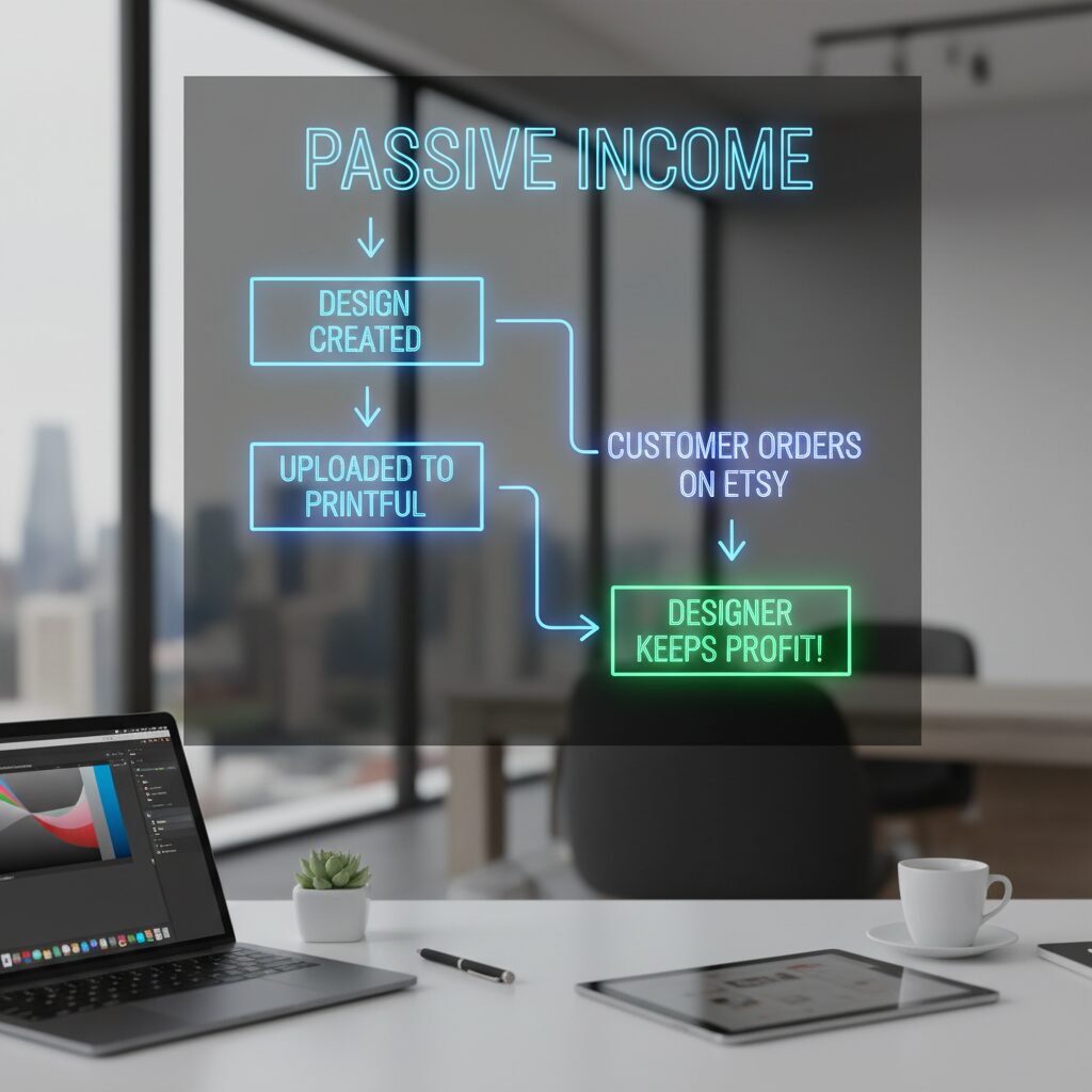 A flowchart showing the POD process: Design Created -> Uploaded to Printful -> Customer Orders on Etsy -> Printful Prints & Ships -> Designer Keeps Profit.