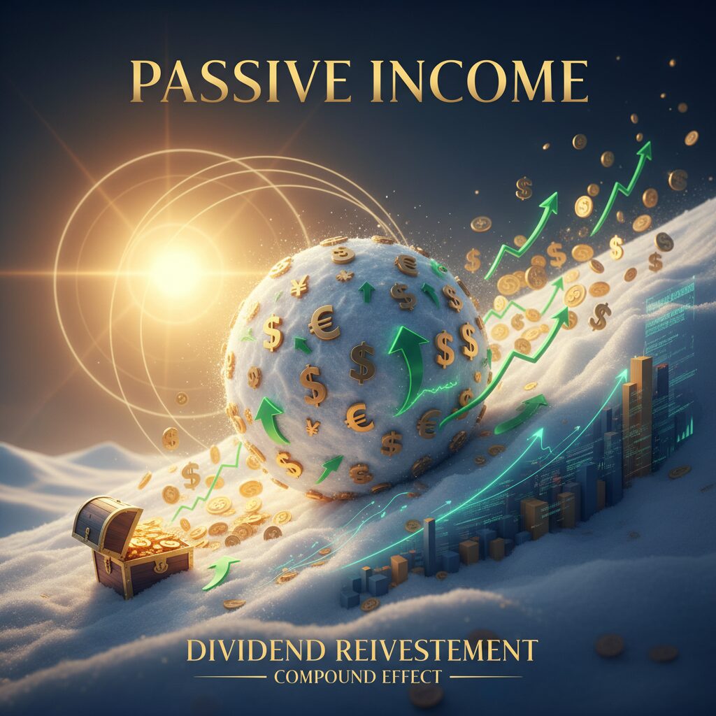 A conceptual illustration showing a 'snowball' rolling down a hill, gathering more snow (money symbols), representing the compound effect of dividend reinvestment.