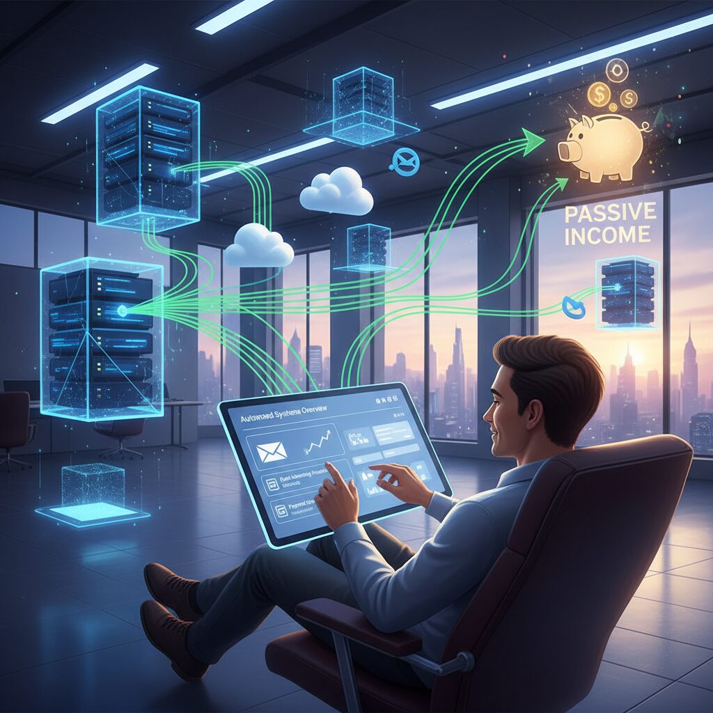 A conceptual illustration showing a single user controlling a complex network of automated digital systems (servers, emails, payments) via a simple dashboard.