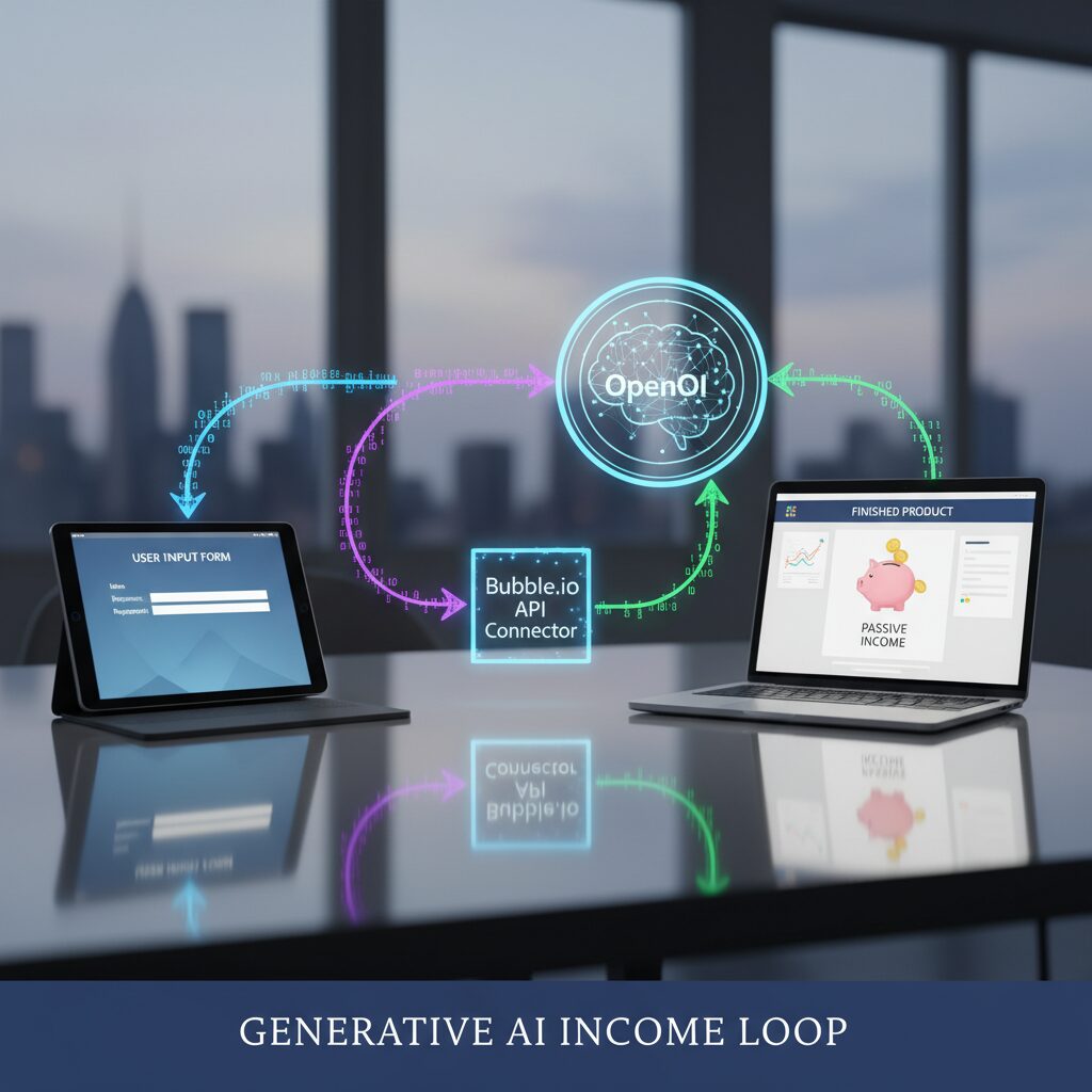 A conceptual diagram showing the flow of data from a user input form, through an API connector like Bubble.io, into OpenAI, and back to the user as a finished product