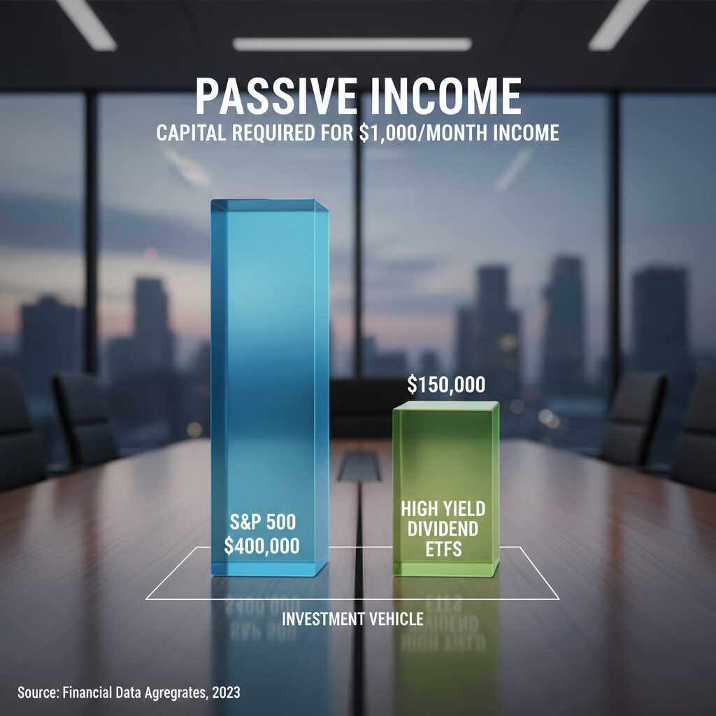 A bar chart visualization showing the "Capital Required for $1,000/Month Income" comparing S&P 500 vs. High Yield Dividend ETFs
