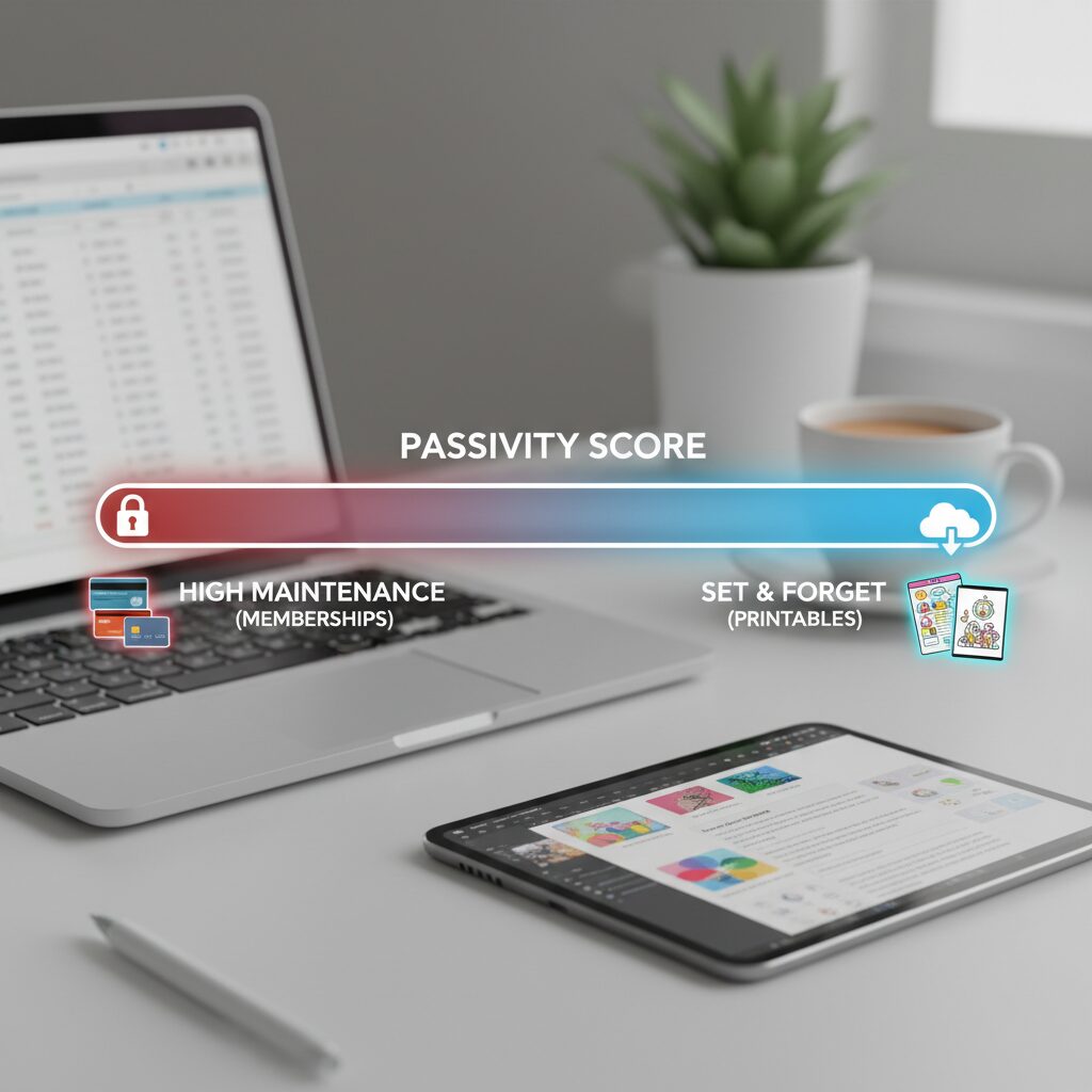 A "Passivity Score" visual scale showing "High Maintenance (Memberships)" on the left and "Set & Forget (Printables)" on the right