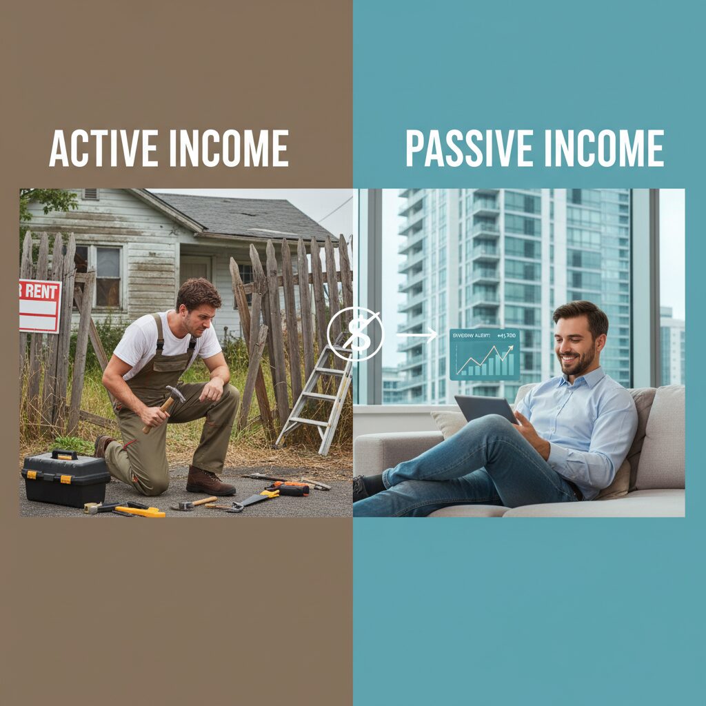 A clean, split-screen infographic comparing a stressed landlord with tools vs. a relaxed investor checking their phone for dividend alerts, symbolizing active vs. passive real estate income.