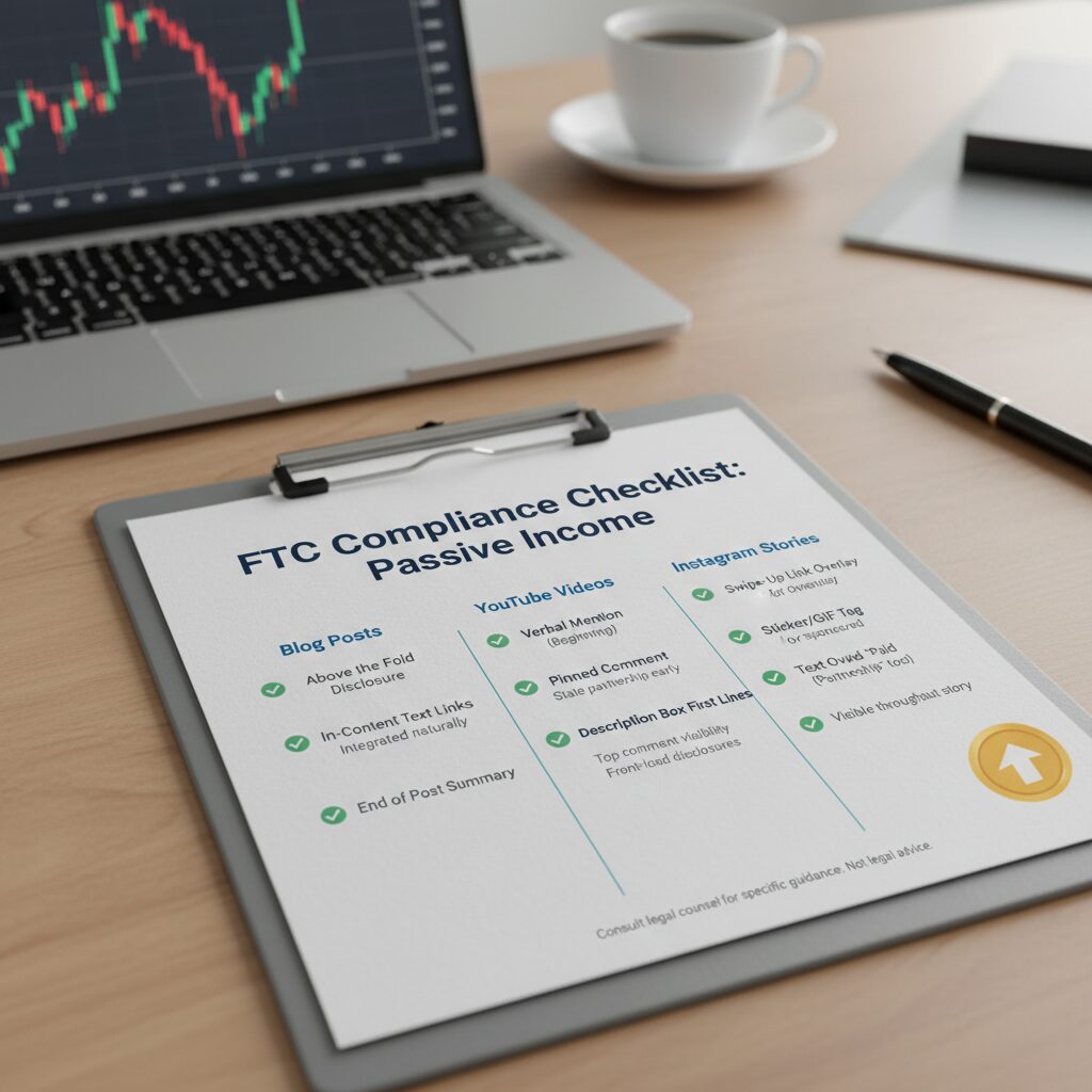 An infographic checklist titled "FTC Compliance Checklist" showing where to place disclosures on Blog Posts, YouTube Videos, and Instagram Stories
