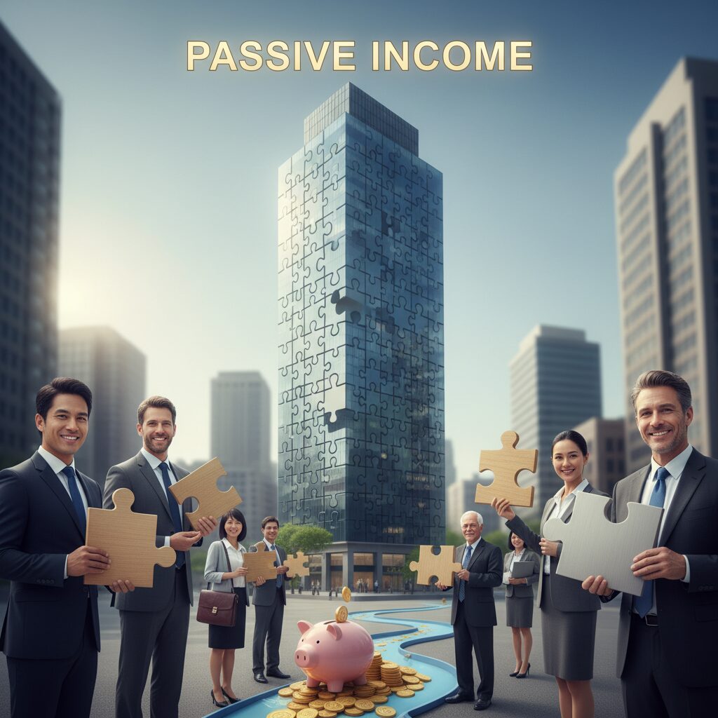 A conceptual illustration showing a large commercial building made of puzzle pieces, with diverse people holding individual pieces, representing fractional ownership.