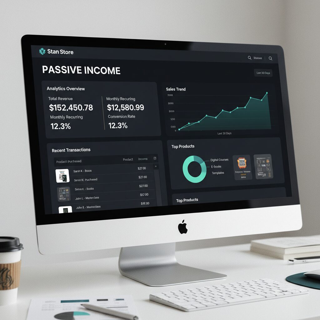 A dashboard view of a Stan Store backend showing product analytics and income