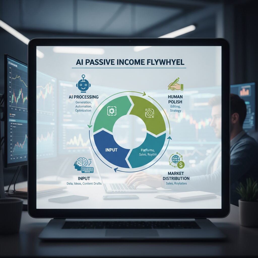 Infographic titled "The AI Passive Income Flywheel" showing the cycle of Input -> AI Processing -> Human Polish -> Market Distribution