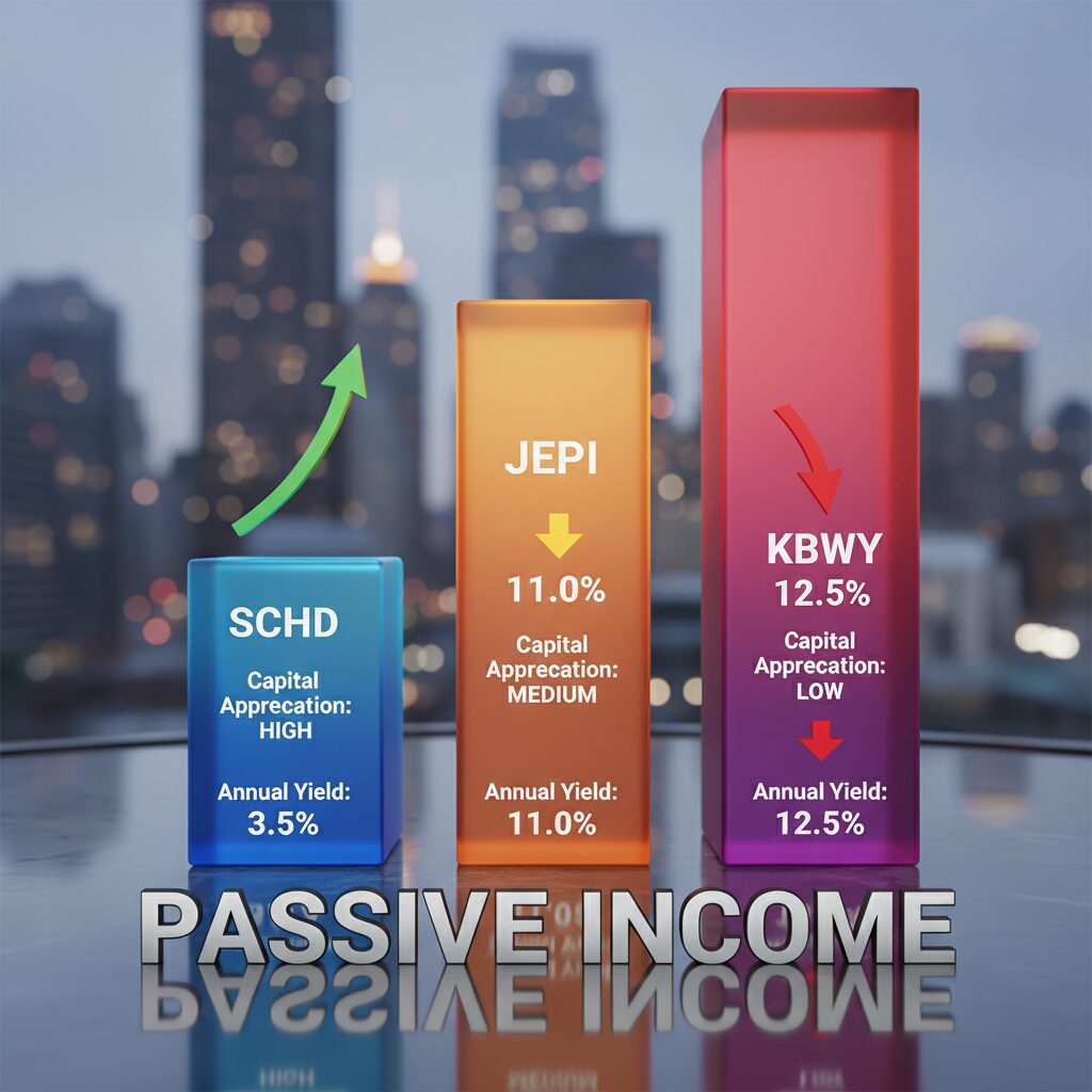 Bar chart comparing the annual yield of SCHD, JEPI, and KBWY, highlighting the trade-off between yield percentage and capital appreciation potential.