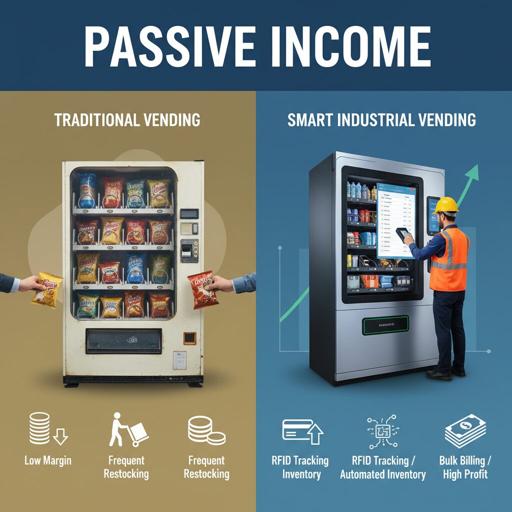 A side-by-side comparison infographic showing 'Traditional Vending' (coins, frequent restocking, low margin) vs. 'Smart Industrial Vending' (RFID tracking, bulk billing, high margin)