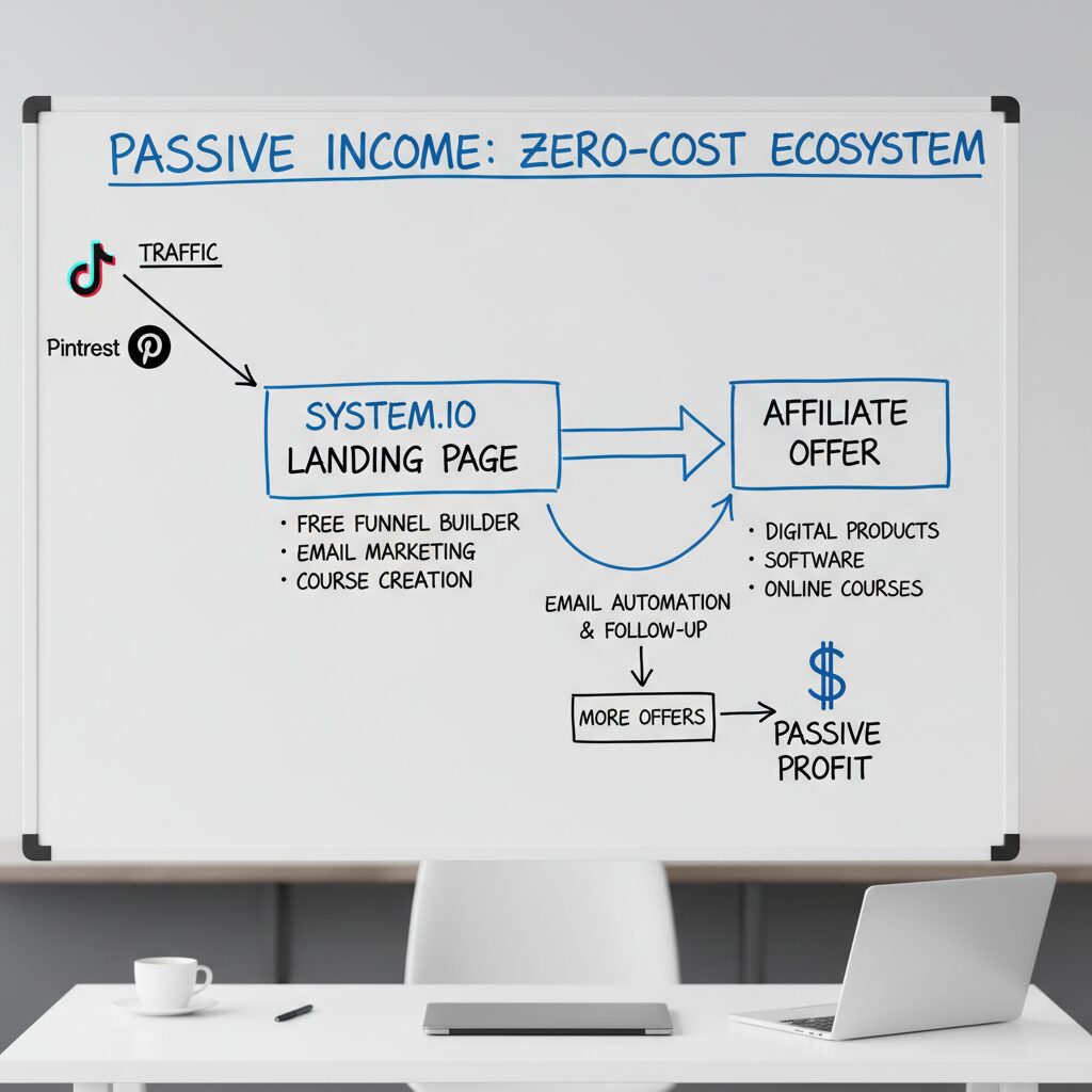 A flowchart showing the "Zero-Cost Ecosystem": Traffic from TikTok/Pinterest flowing to a System.io landing page, then to the affiliate offer, with an email loop
